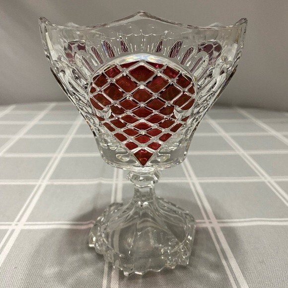 Vtg Ruby Red Glass Pedestal Bowl Diamond Point Teardrop 3 Sided Dish Unique - Picture 1 of 8